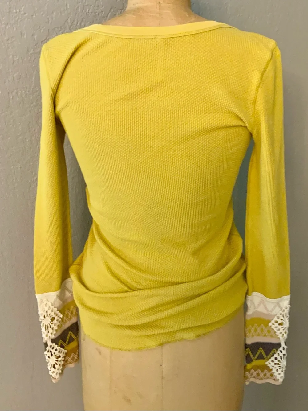 Free People Kambucha Mustard Long Sleeve Thermal Top with Crochet Cuff Detail